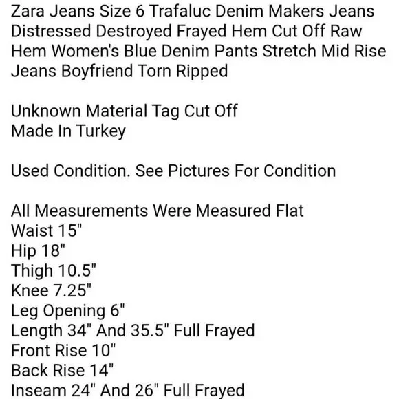 Zara Jeans Size 6 Trafaluc Denim Makers Jeans Distressed Destroyed Frayed Hem - Picture 6 of 6